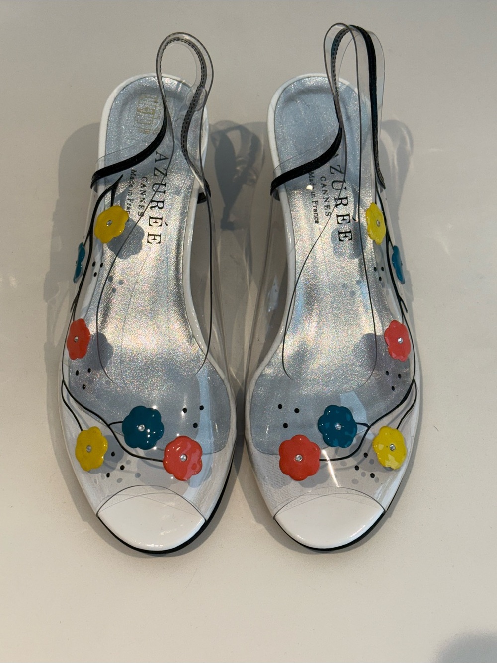 Gimaguas Clear Slingback Mules with Yellow, Teal, Coral Flower Accents